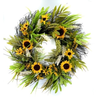 Wreath Sunflower and Wild Grasses Golden Yellow, Green, Cream 22"