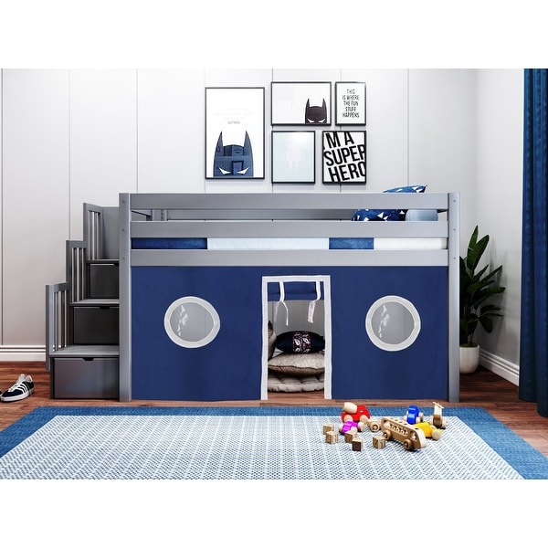 JACKPOT Contemporary Low Loft Twin Bed with 3 Step Stairway and Tent