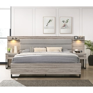 Roundhill Furniture Alvear Upholstered Wood Wallbed Bed with White LED Lights, 2 Nightstands, Weathered Gray