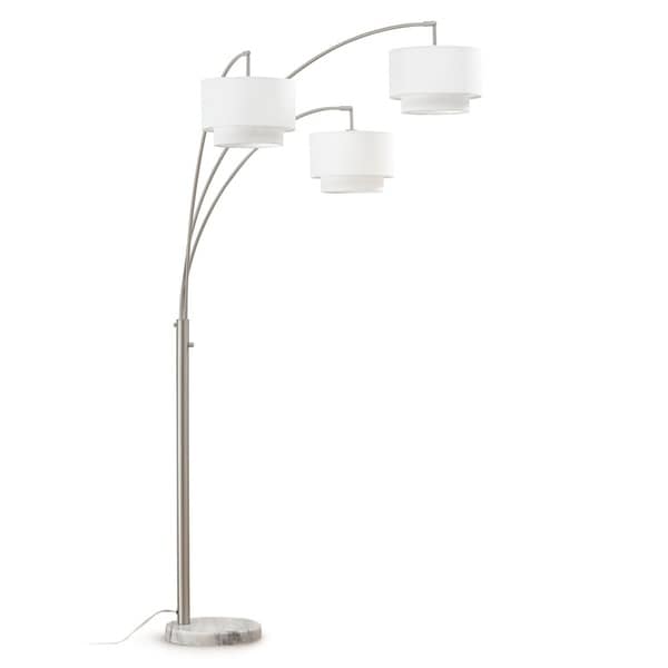 Broadway 3 Light Arch Floor Lamp, Brushed Nickel Finish with White Shades