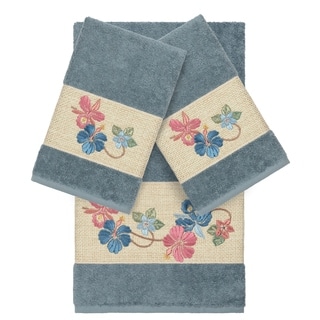 Authentic Hotel and Spa Turkish Cotton Floral Vine Embroidered Teal Blue 3-piece Towel Set