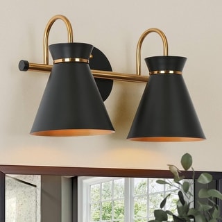 Modern Industrial 2-Light Black Gold Bathroom Vanity Light Metal Wall Sconce - 14.5" L x 7" W x 8.5" H