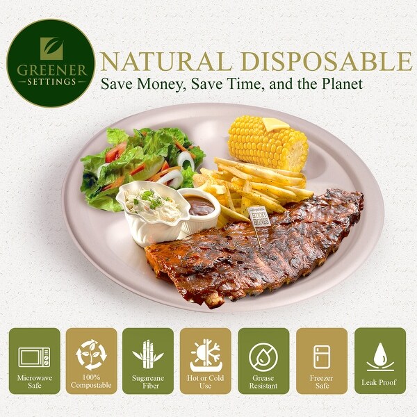 Natural 9 Inch Compostable 3 Section Disposable Paper Plate (125 Pack) - 9 inch- 3 Sections