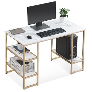 Mcombo Computer Gaming Desk Office Desk with 3-Tier Shelves, White Desk for Small Space, Gaming Desk with CPU Stand, Vanity Desk
