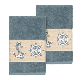 Authentic Hotel and Spa Turkish Cotton Nautical Embroidered Teal Blue 2-piece Towel Hand Set