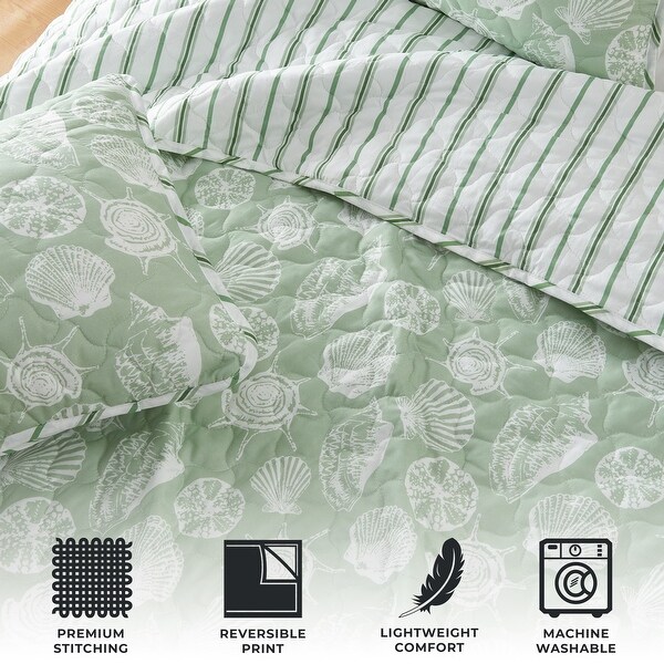 Premium Green Seashell Microfiber Quilt Set With Shams