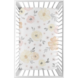 Yellow and Pink Watercolor Floral Baby Girl Fitted Mini Portable Crib Sheet - Blush Peach Grey Shabby Chic Rose Flower Farmhouse