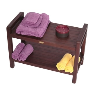 DecoTeak Eleganto 29" Extended Length Solid Teak Shower Stool With LiftAide Arms And Shelf - WoodLand Brown Finish