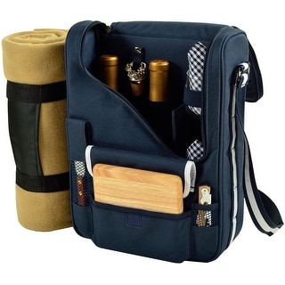 Picnic at Ascot Bordeaux Wine & Cheese Cooler Bag w/Glass Wine Glasses & Blanket - Navy Blue
