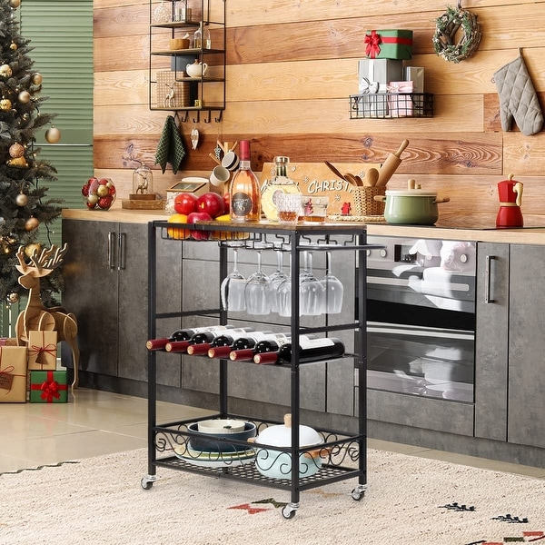 3 Tier Mobile Bar Serving Cart, Rolling Wine Cart with Glass Stemware Rack and Wine Bottle Holders