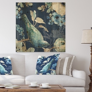 Designart 'Indigold Bird Cottage Family IV' Farmhouse Print on Natural Pine Wood - Blue