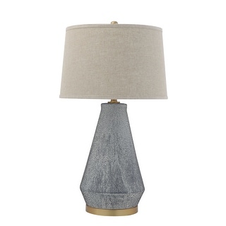 Textured Blue Glaze Ceramic Table Lamp with Natural Linen Shade