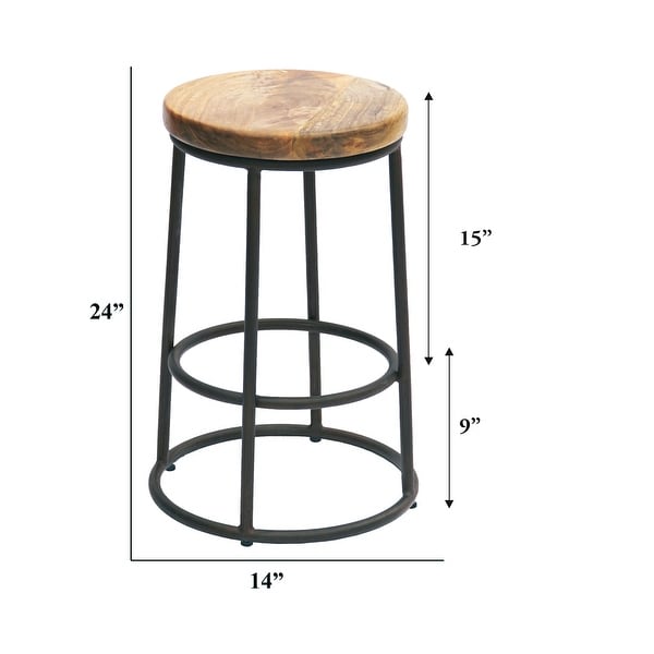 24 Inch Mango Wood Counter Height Barstool With Iron Base, Brown And Black