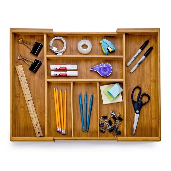 Seville Classics Bamboo Expandable 7 Compartment, 2 Adjustable, Flatware Utensil Cutlery Drawer Tray Organizer - Brown