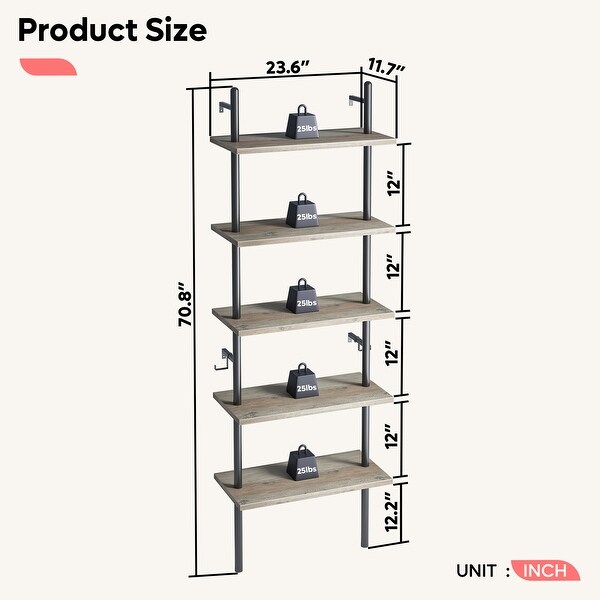 70" Ladder Shelf 5 Tier Wall Mounted Bookshelf