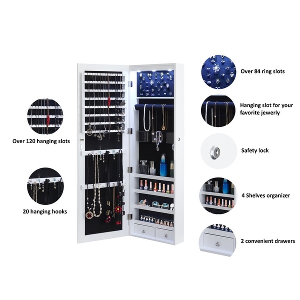 The Door/Wall Jewelry Cabinet Organizer with Mirror and LED Light - White