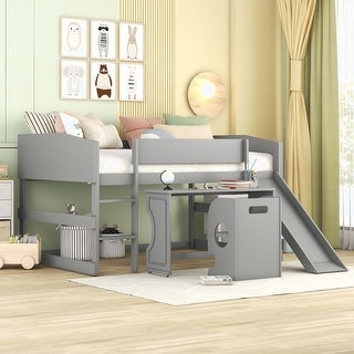 Low Study Twin Loft Bed with Rolling Portable Desk and Chair