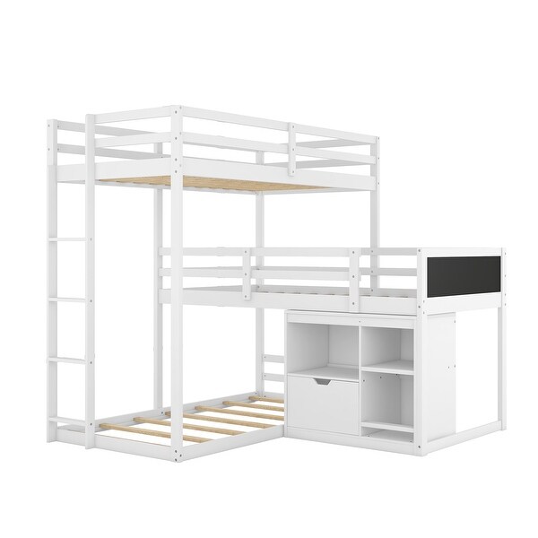 Twin Size L-Shaped Triple Bunk Bed with Storage Cabinet, White