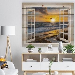 Designart 'Open Window to Bright Yellow Sunset' Modern Seascape Print on Natural Pine Wood - White