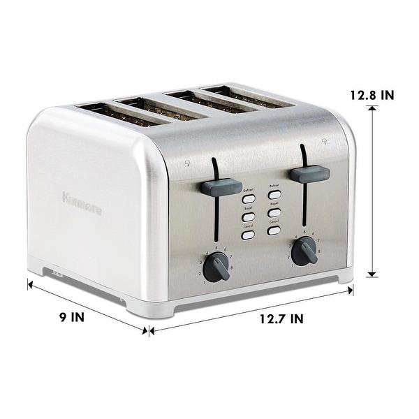 Kenmore 4-Slice Toaster, White Stainless Steel, Dual Controls, Extra Wide Slots, Bagel and Defrost