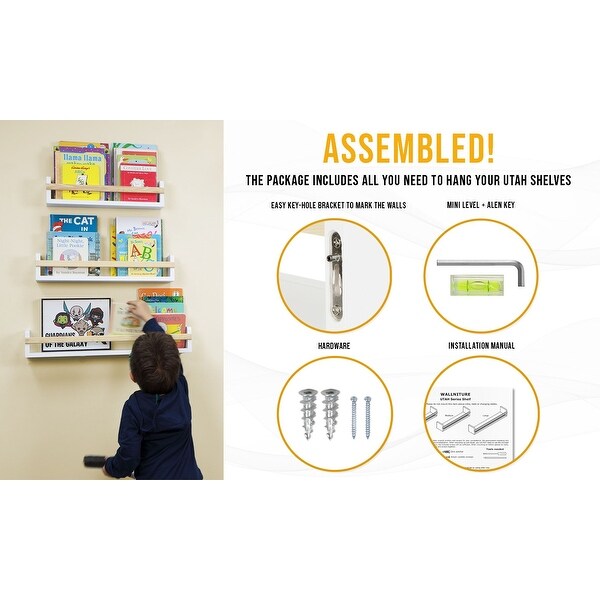 Wallniture Utah Wood Wall Shelves Kids Bookshelf Set of 3 Toy Storage - White