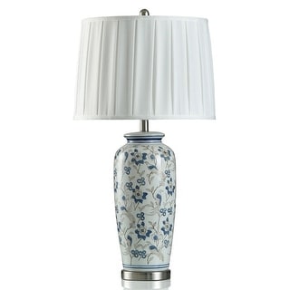 Handsome Blue Table Lamp - Hibiscus Blue/White Flower And Bird Pattern