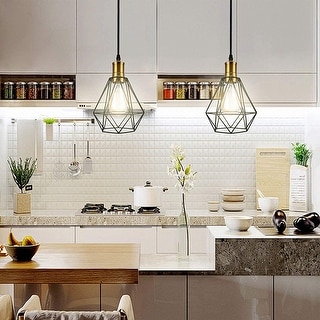 YANSUN 1-Light Black Metal Cage Pendant Light Industrial Farmhouse Vintage Pendant Lighting for Kitchen Island Dining Room