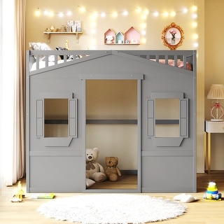 Full Size House Loft Bed With Ladder|Grey