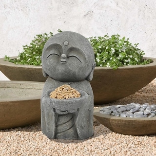 14-Inch Grey MgO Little Buddha Monk and Bowl Garden Statue