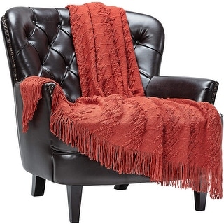 Rust Throw Blanket with Tassels - Acrylic Knitted Super Soft
