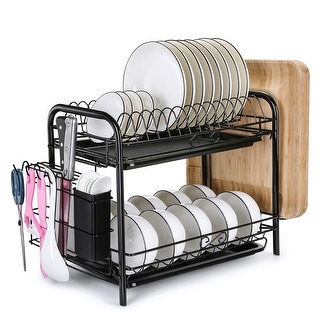 Large Capacity Dish Rack 2 Tier w/ Utensil Holder Drainer Drying Kitchen Storage - L