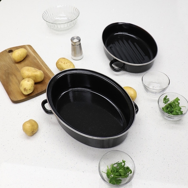 Premius Deep Oval Non-Stick Enameled Carbon Steel Roaster Pan with Lid, Black, 12 Inches - 12 Inches