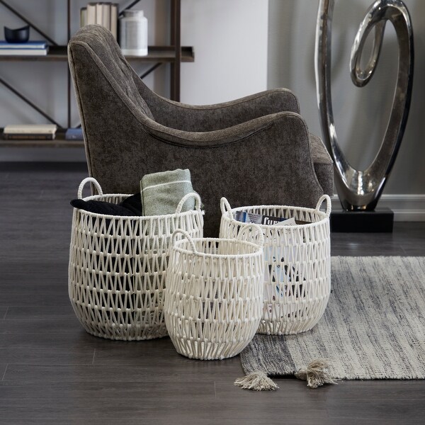 White Cotton Handmade Storage Basket with Handles