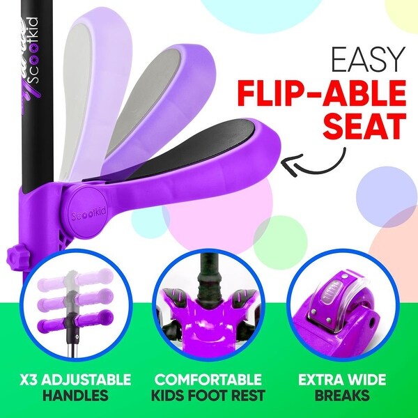 Hurtle ScootKid 3 Wheel Toddler Ride On Toy Scooter w/LED Wheels, Purple - 9