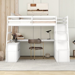 Twin Size Loft Bed Built-in Desk, Multifunctional Loft Bed Wood Platform Bed Frame with 7 Drawers 2 Shelves for Kids Teens
