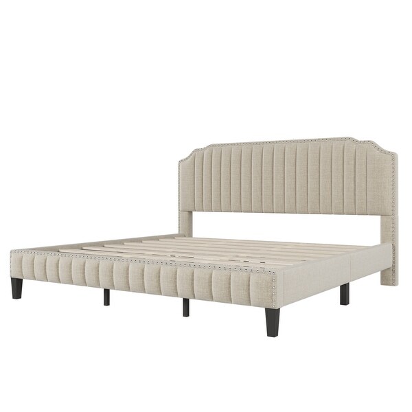 Modern Linen Curved Upholstered Platform Bed , Solid Wood Frame , Nailhead Trim, Beige, King
