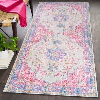 Vintage Distressed Oriental Pink and blue Runner Rug - 3' x 7'10" Runner