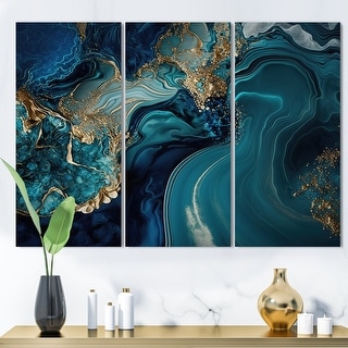 Designart "Abstract Geode Turquoise I" Abstract Marble Canvas Art Print - 3 Panels