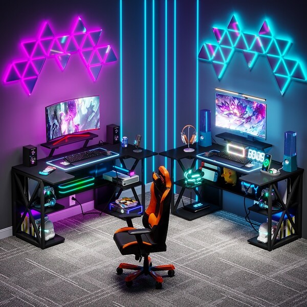 57 Inch PC Computer Desk with Built-in Power Outlets, Carbon Fiber Gaming Desk with Storage Shelves