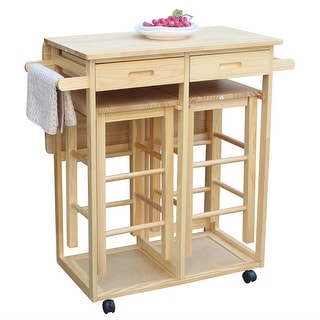 Square Solid Wood Folding Dining Cart with 2 Free Stools Natural