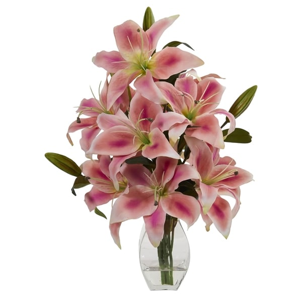 Rubrum Lily Artificial Arrangement in Decorative Vase - h: 18 in. w: 12 in. d: 12 in