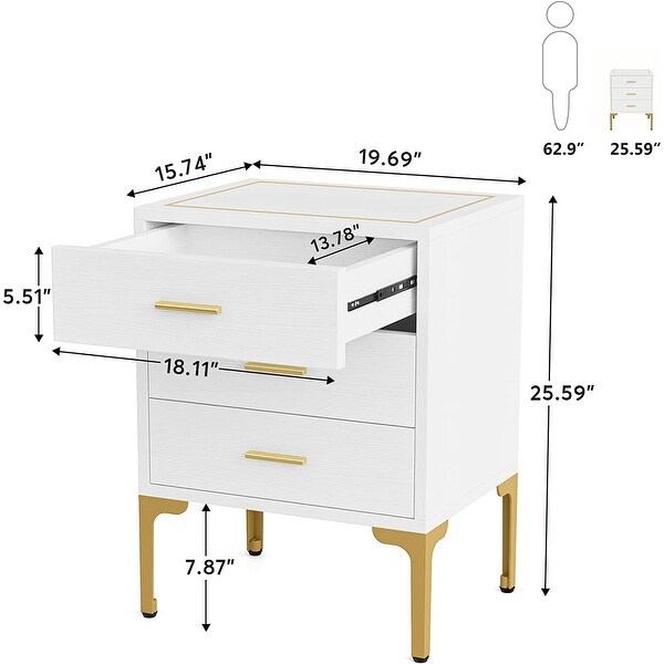 Modern Nightstand with 3 Drawers, White Gold Bedside Table for Bedroom