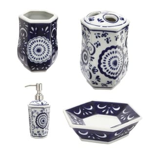 Elegantly Crafted Bath Accessories, Set of 4, Blue and White