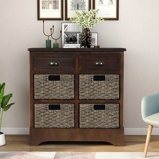 Rustic Storage Cabinet with Drawers and Rattan Basket for Dining Room