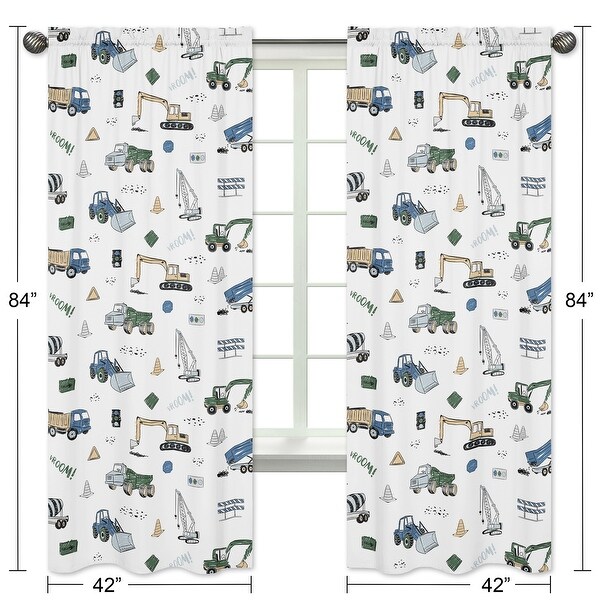 Construction Truck Collection 84-inch Window Treatment Curtain Panel Pair - Grey Yellow Black Blue and Green Transportation
