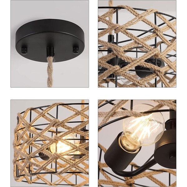 2 light boho pendant light hand woven hemp rope cage hanging light fixture rattan wicker pendant lamp