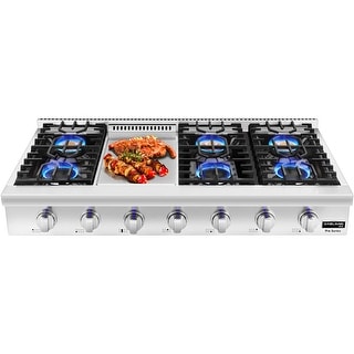 GASLAND Chef 48'' Gas Rangetop with Indicator Light 6 Deep Recessed Sealed burners & Griddle Continuous Cast Iron Grates