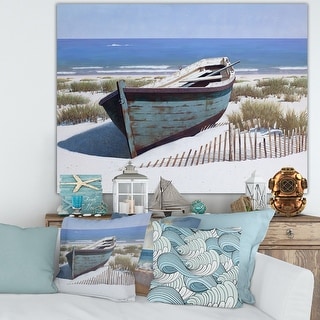 Designart "Blue Boat on Beach" Nautical & Coastal Canvas Artwork Print