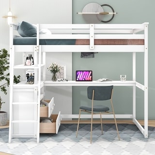 Full Size Loft Bed with Desk and Shelves, 2 Built-in Drawers