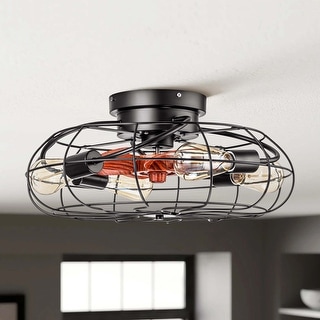 20" Black Industrial Caged Farmhouse Driftwood 7-blade Ceiling Fan Light with Remote - 19.6"W x 8.6"H